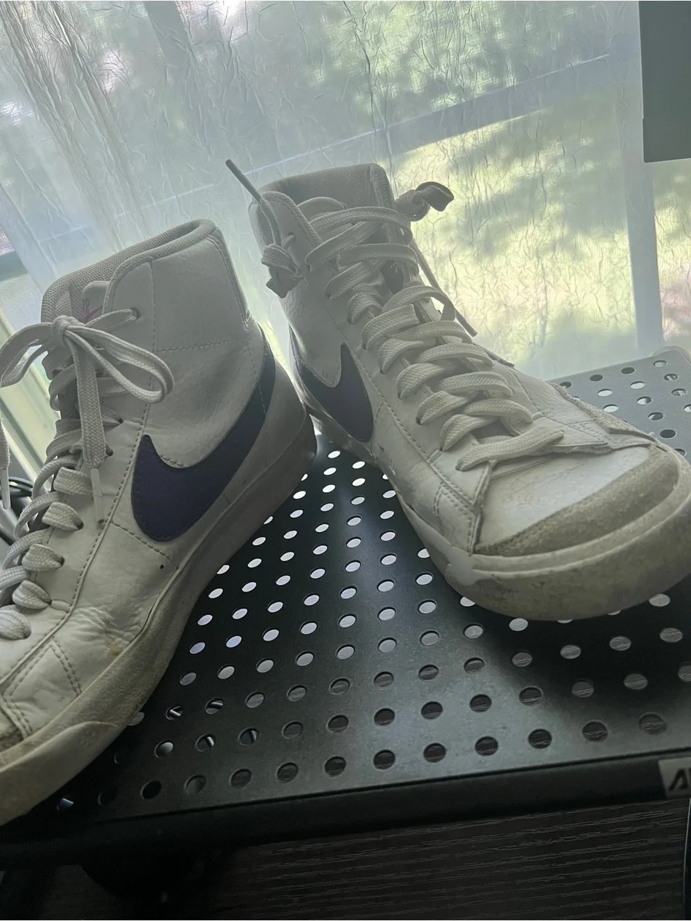 Nike Women's White High-Top Sneakers with Purple Swoosh and Pink Nike Script
